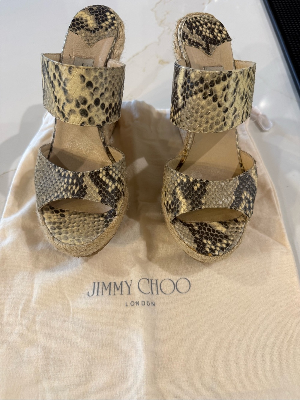 Jimmy Choo Neutral Snake-Print Espadrille Wedge Sandals